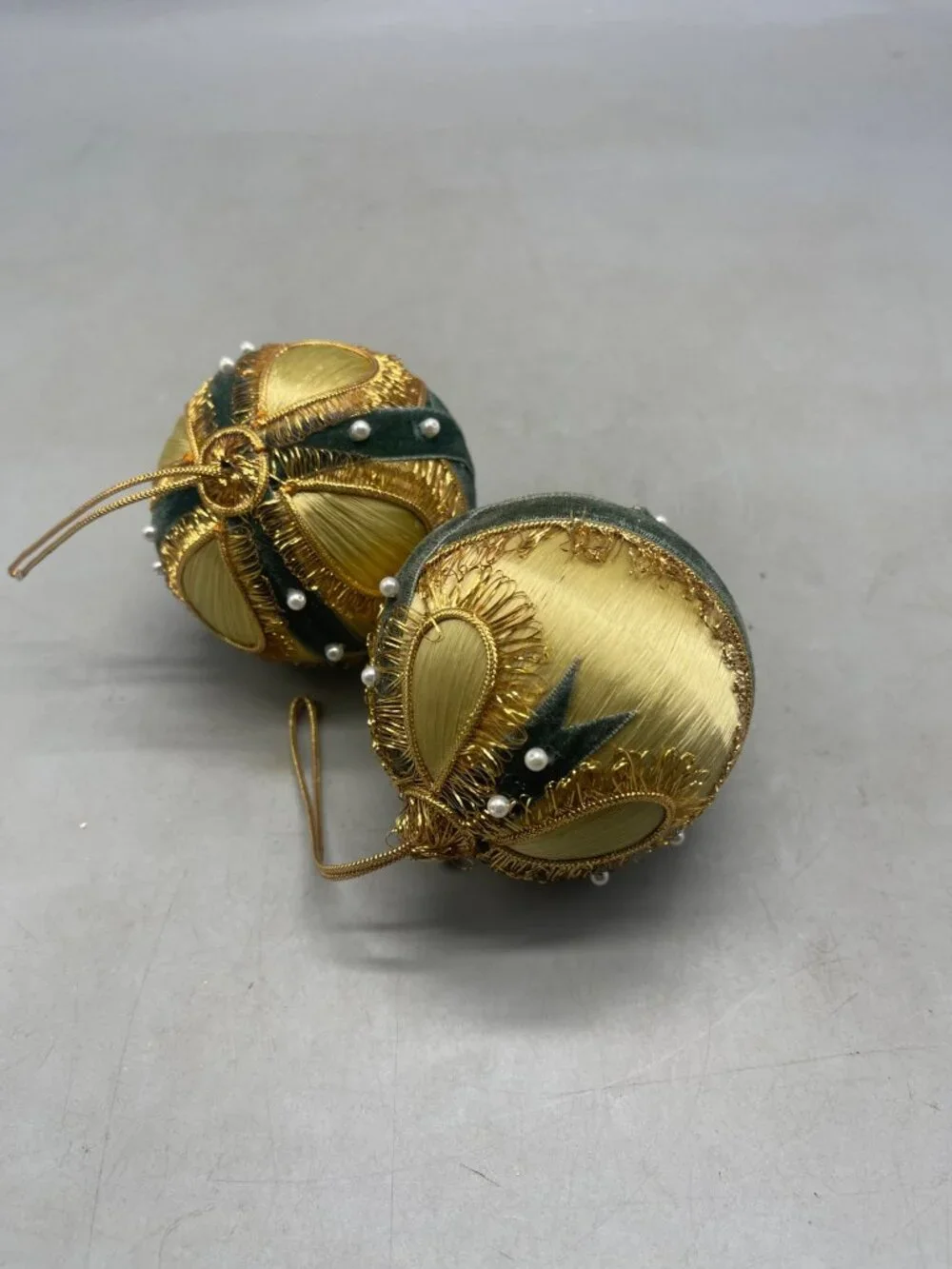 vintage set of 2 silk Christmas ornament gold green ribbon embellished felt READ